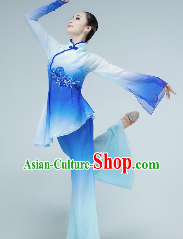 Chinese Folk Dance Blue Outfits Jiaozhou Yangko Dance Fan Dance Clothing