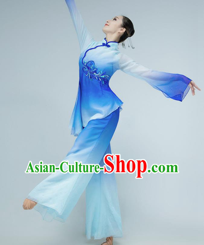 Chinese Folk Dance Blue Outfits Jiaozhou Yangko Dance Fan Dance Clothing