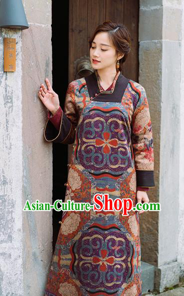 China Tang Suit Winter Long Gown National Women Clothing Classical Silk Cotton Wadded Coat