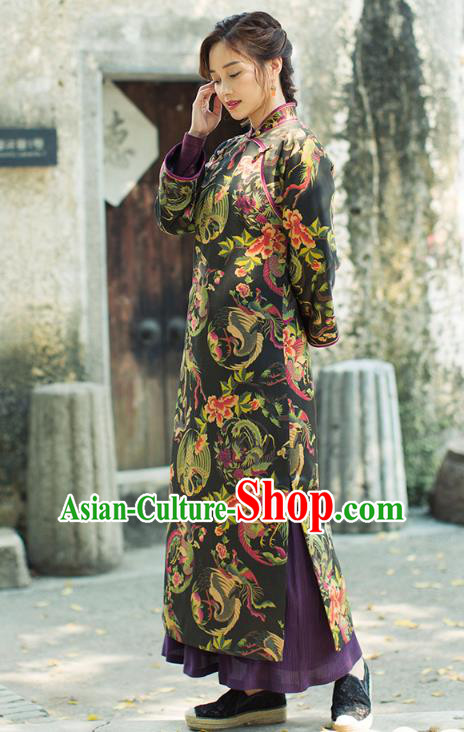 China National Women Clothing Classical Black Silk Cotton Wadded Coat Tang Suit Winter Long Robe