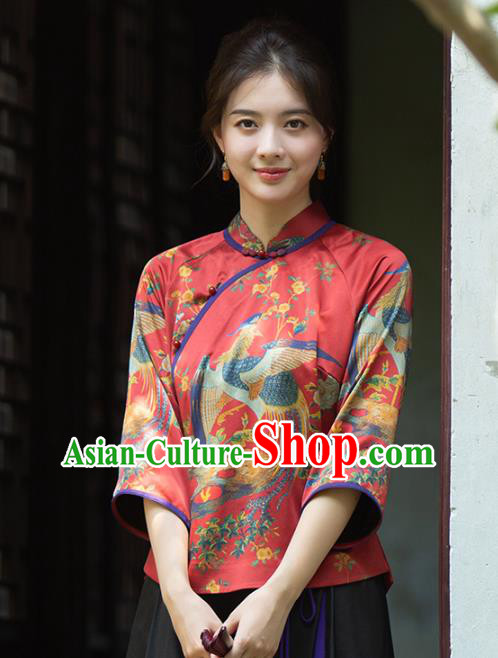 China Classical Cheongsam Shirt National Women Clothing Tang Suit Red Silk Blouse