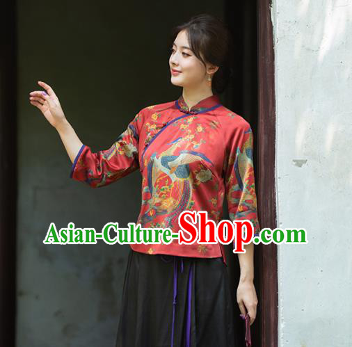 China Classical Cheongsam Shirt National Women Clothing Tang Suit Red Silk Blouse
