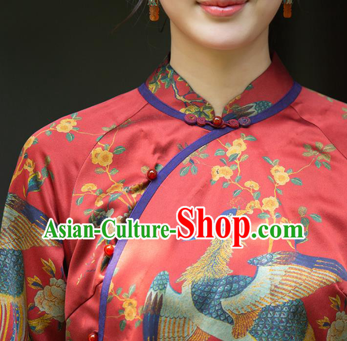 China Classical Cheongsam Shirt National Women Clothing Tang Suit Red Silk Blouse
