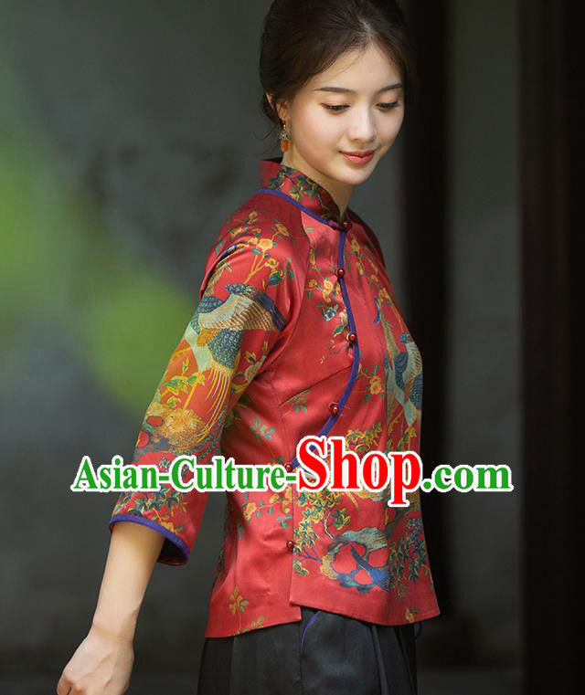 China Classical Cheongsam Shirt National Women Clothing Tang Suit Red Silk Blouse