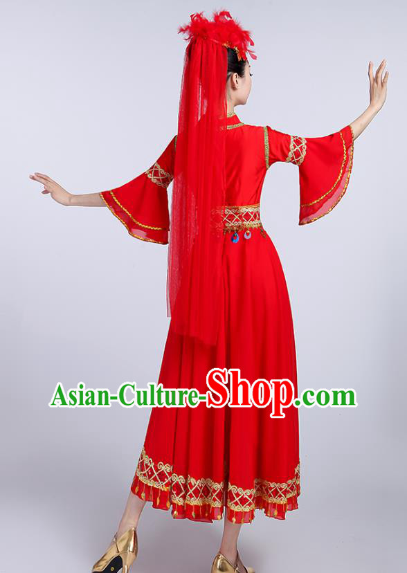Chinese Uyghur Ethnic Folk Dance Red Dress Traditional Xinjiang Uyghur Nationality Dance Clothing