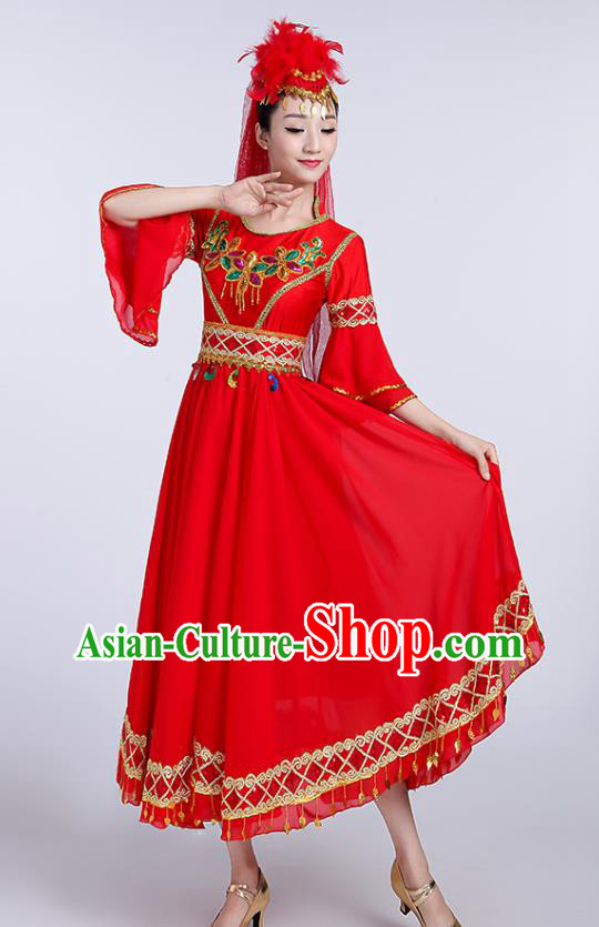 Chinese Uyghur Ethnic Folk Dance Red Dress Traditional Xinjiang Uyghur Nationality Dance Clothing