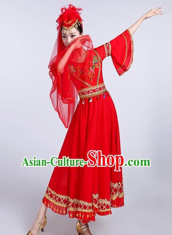 Chinese Uyghur Ethnic Folk Dance Red Dress Traditional Xinjiang Uyghur Nationality Dance Clothing