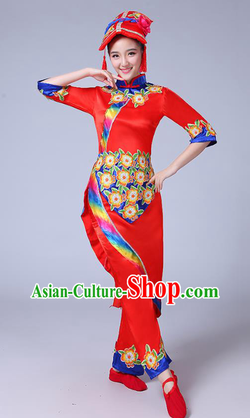 Chinese Yi Ethnic Folk Dance Red Outfits Traditional Nationality Folk Dance Clothing