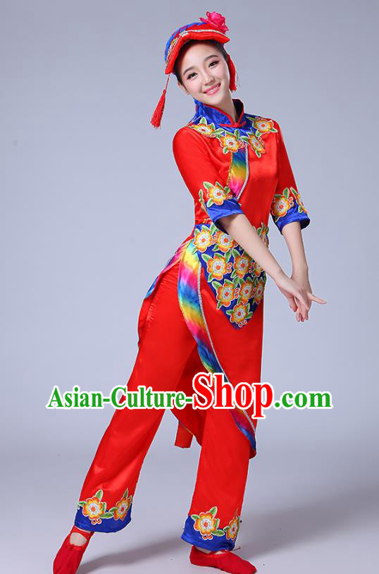 Chinese Yi Ethnic Folk Dance Red Outfits Traditional Nationality Folk Dance Clothing