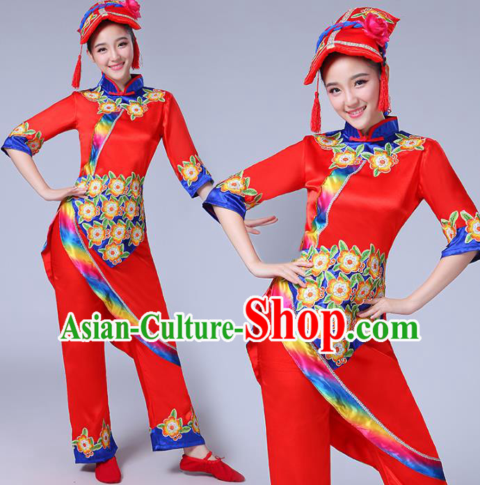 Chinese Yi Ethnic Folk Dance Red Outfits Traditional Nationality Folk Dance Clothing