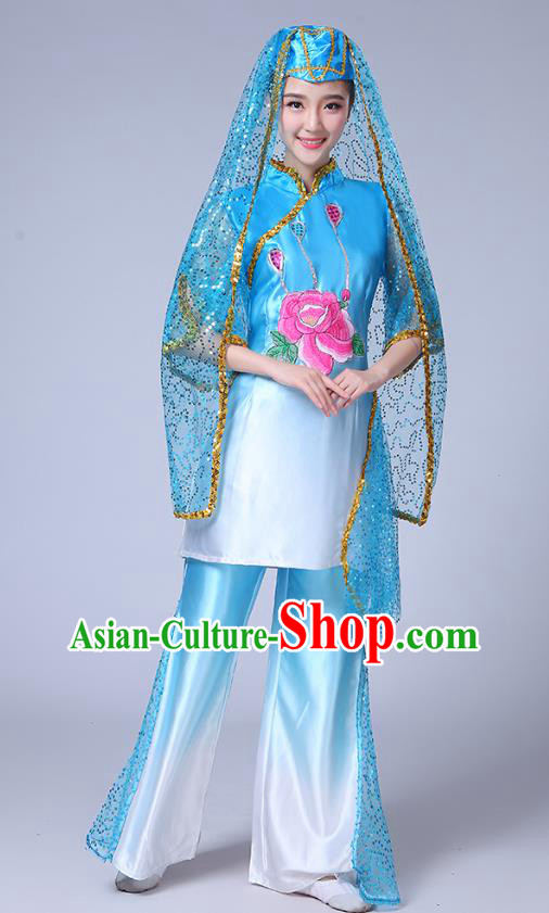 Chinese Ningxia Ethnic Folk Dance Blue Outfits Traditional Hui Nationality Bride Dance Clothing