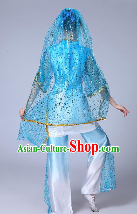 Chinese Ningxia Ethnic Folk Dance Blue Outfits Traditional Hui Nationality Bride Dance Clothing