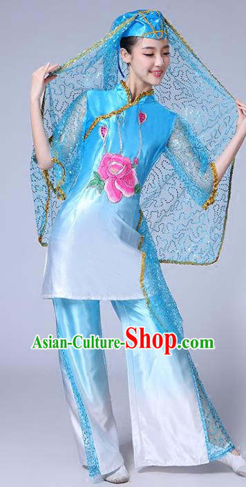 Chinese Ningxia Ethnic Folk Dance Blue Outfits Traditional Hui Nationality Bride Dance Clothing