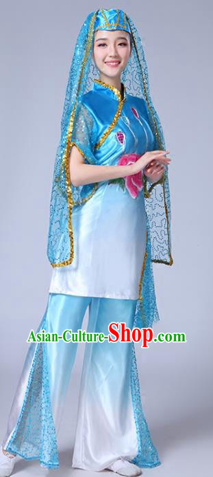Chinese Ningxia Ethnic Folk Dance Blue Outfits Traditional Hui Nationality Bride Dance Clothing