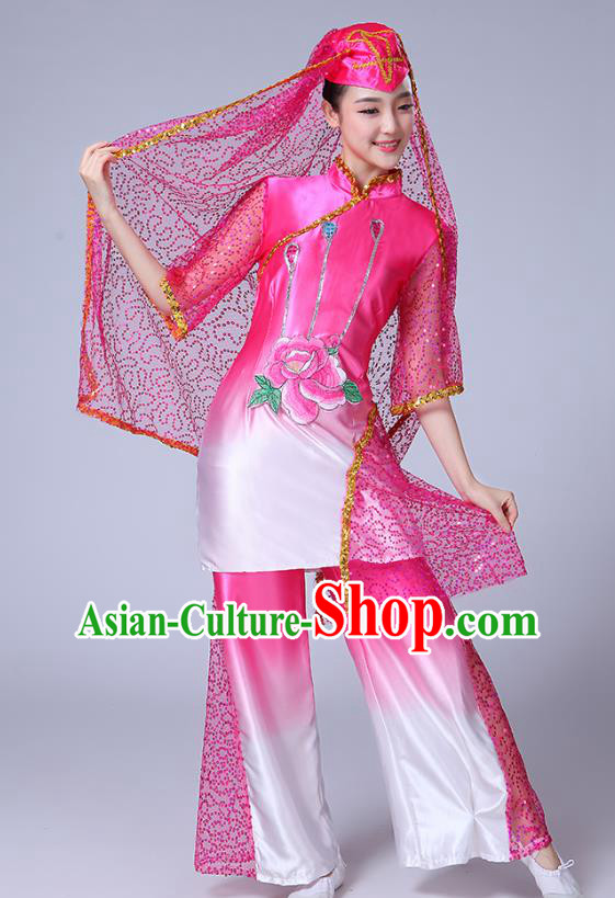 Chinese Traditional Hui Nationality Bride Dance Clothing Ningxia Ethnic Folk Dance Pink Outfits