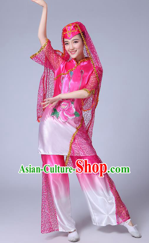 Chinese Traditional Hui Nationality Bride Dance Clothing Ningxia Ethnic Folk Dance Pink Outfits