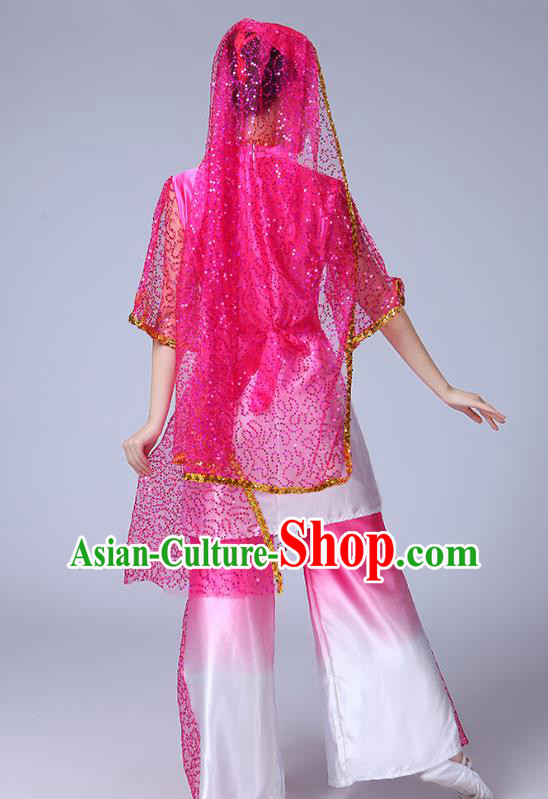 Chinese Traditional Hui Nationality Bride Dance Clothing Ningxia Ethnic Folk Dance Pink Outfits