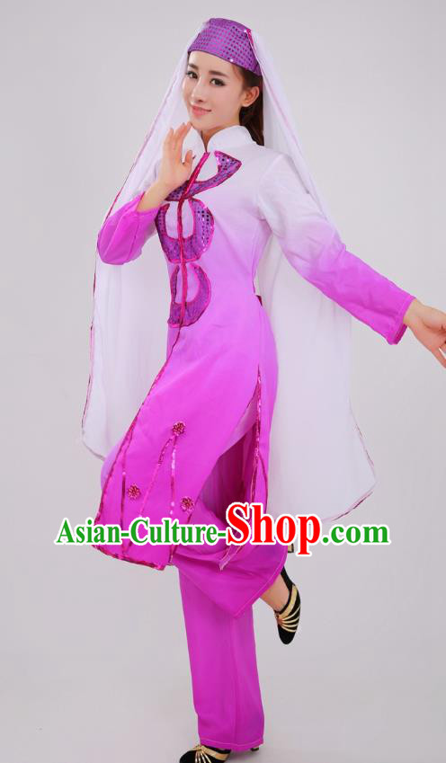 Chinese Traditional Hui Nationality Bride Clothing Ningxia Ethnic Wedding Purple Dress Outfits