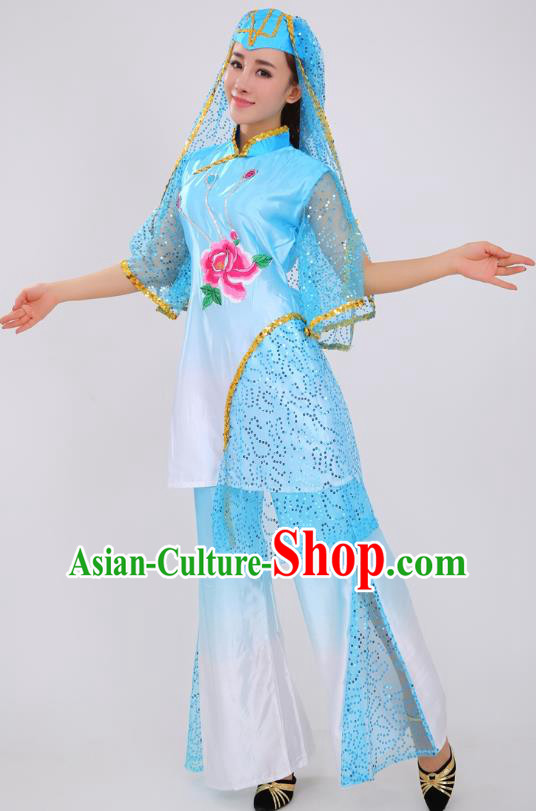 Chinese Ningxia Ethnic Folk Dance Blue Outfits Traditional Hui Nationality Female Stage Performance Clothing