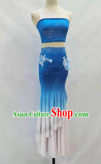 Chinese Dai Ethnic Folk Dance Blue Outfits Traditional Yunnan Nationality Peacock Dance Clothing
