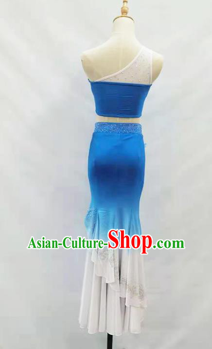 Chinese Dai Ethnic Folk Dance Blue Outfits Traditional Yunnan Nationality Peacock Dance Clothing