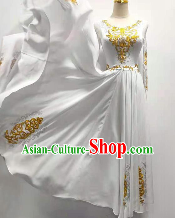 Chinese Xinjiang Ethnic Folk Dance White Dress Traditional Uygur Nationality Stage Performance Clothing