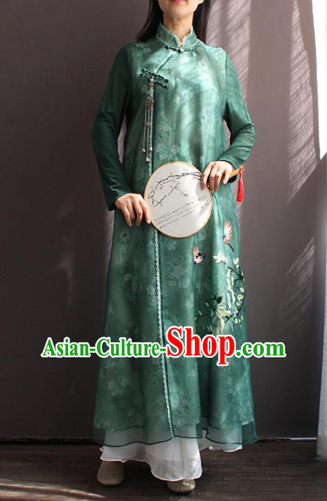China National Women Zen Clothing Embroidered Green Chiffon Qipao Dress Classical Dance Cheongsam