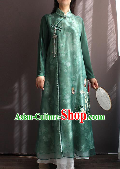 China National Women Zen Clothing Embroidered Green Chiffon Qipao Dress Classical Dance Cheongsam