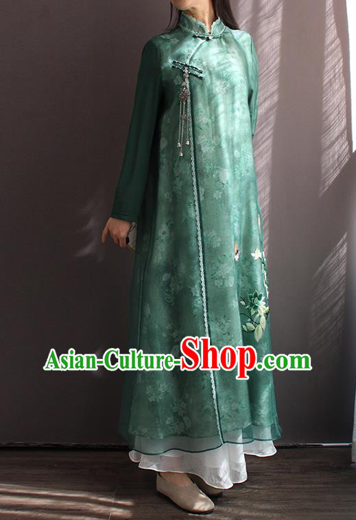 China National Women Zen Clothing Embroidered Green Chiffon Qipao Dress Classical Dance Cheongsam