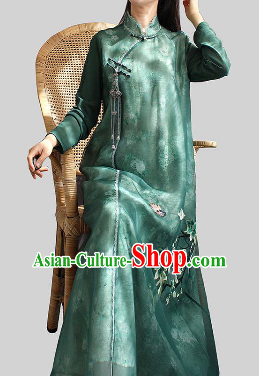 China National Women Zen Clothing Embroidered Green Chiffon Qipao Dress Classical Dance Cheongsam