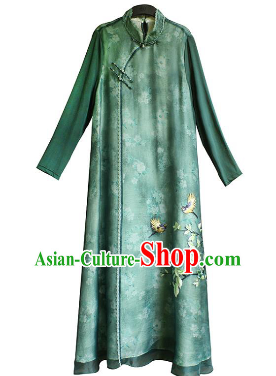 China National Women Zen Clothing Embroidered Green Chiffon Qipao Dress Classical Dance Cheongsam