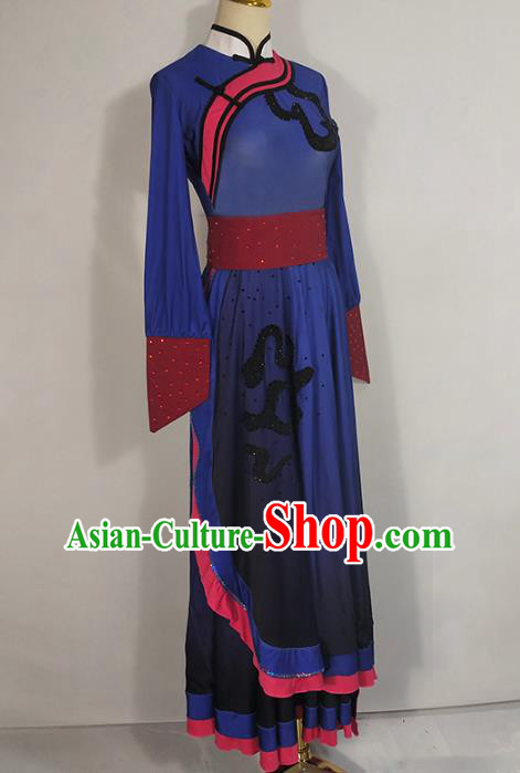 Chinese Mongol Ethnic Folk Dance Clothing Traditional Mongolian Nationality Deep Blue Dress Outfits