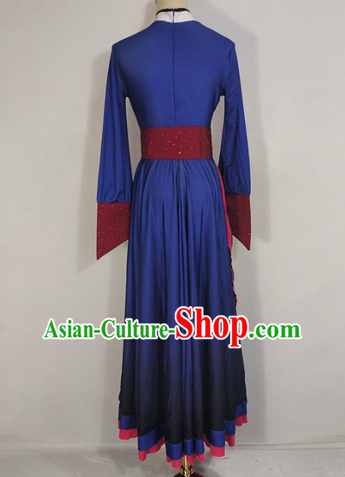 Chinese Mongol Ethnic Folk Dance Clothing Traditional Mongolian Nationality Deep Blue Dress Outfits
