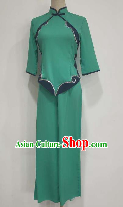 China Folk Dance Costume Fan Dance Green Outfits Yangko Dance Clothing