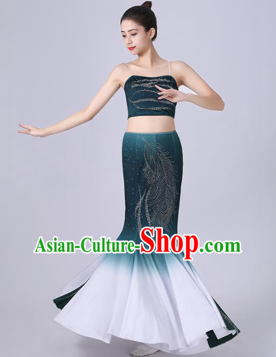 Chinese Yunnan Ethnic Folk Dance Clothing Traditional Dai Nationality Peacock Dance Green Dress Outfits