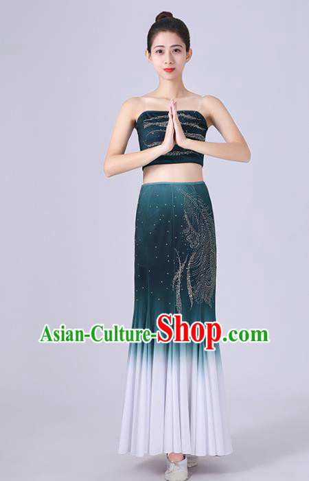 Chinese Yunnan Ethnic Folk Dance Clothing Traditional Dai Nationality Peacock Dance Green Dress Outfits