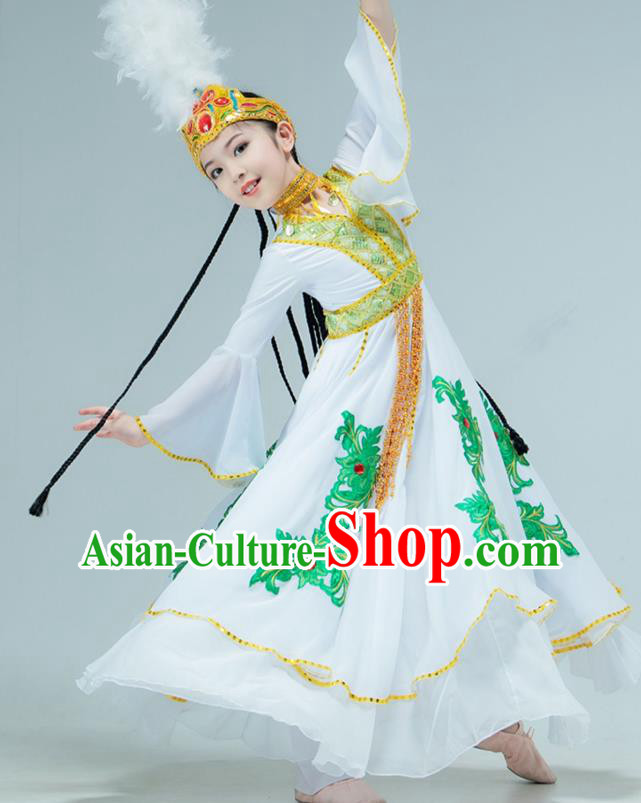 Chinese Traditional Uygur Nationality Performance White Dress Xinjiang Ethnic Girl Dance Clothing