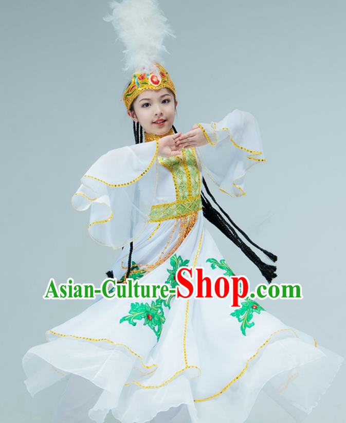 Chinese Traditional Uygur Nationality Performance White Dress Xinjiang Ethnic Girl Dance Clothing