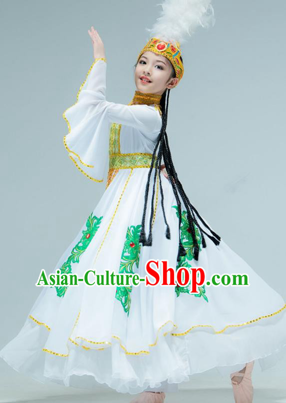 Chinese Traditional Uygur Nationality Performance White Dress Xinjiang Ethnic Girl Dance Clothing