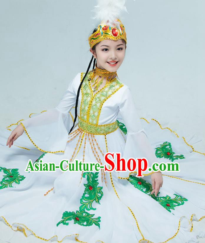 Chinese Traditional Uygur Nationality Performance White Dress Xinjiang Ethnic Girl Dance Clothing