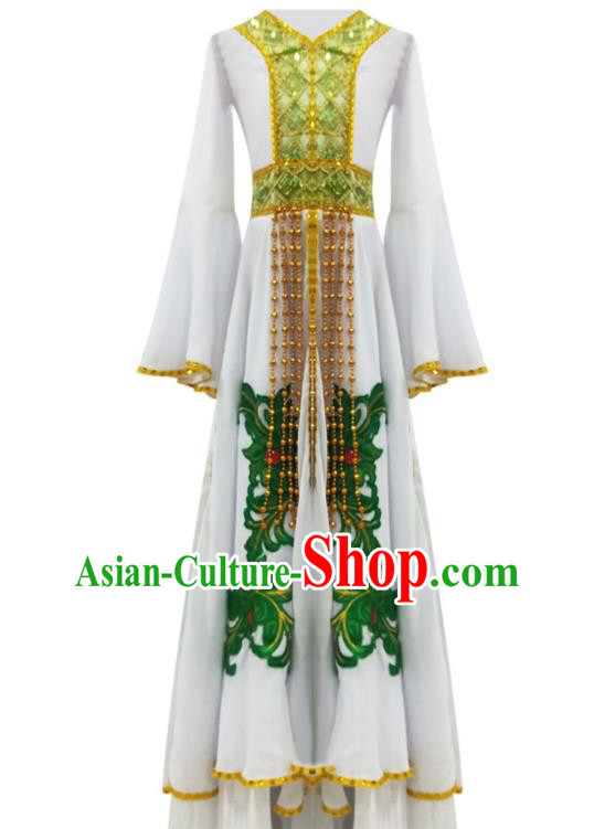 Chinese Traditional Uygur Nationality Performance White Dress Xinjiang Ethnic Girl Dance Clothing