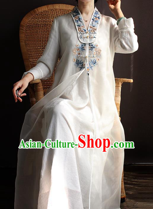 China Embroidered White Flax Qipao Dress Classical Dance Cheongsam National Women Zen Clothing