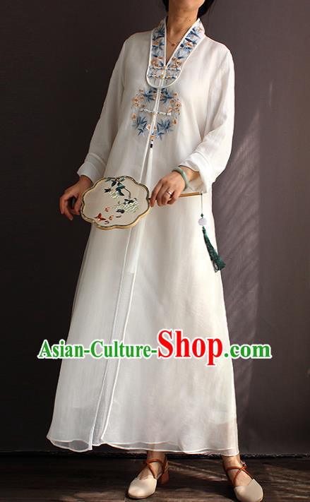 China Embroidered White Flax Qipao Dress Classical Dance Cheongsam National Women Zen Clothing