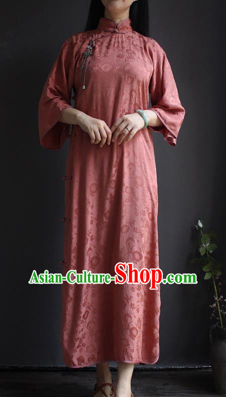 China Red Silk Qipao Dress National Women Clothing Classical Wide Sleeve Cheongsam