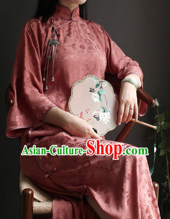 China Red Silk Qipao Dress National Women Clothing Classical Wide Sleeve Cheongsam