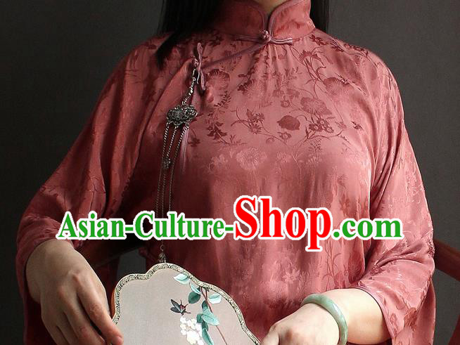 China Red Silk Qipao Dress National Women Clothing Classical Wide Sleeve Cheongsam