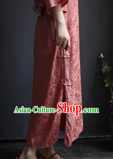 China Red Silk Qipao Dress National Women Clothing Classical Wide Sleeve Cheongsam