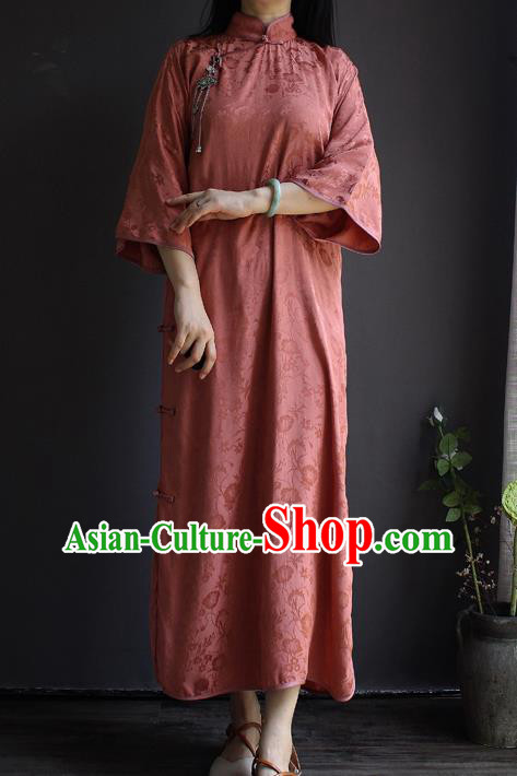 China Red Silk Qipao Dress National Women Clothing Classical Wide Sleeve Cheongsam