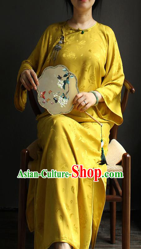 China National Women Clothing Classical Wide Sleeve Cheongsam Yellow Silk Qipao Dress