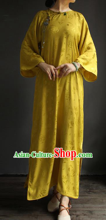 China National Women Clothing Classical Wide Sleeve Cheongsam Yellow Silk Qipao Dress